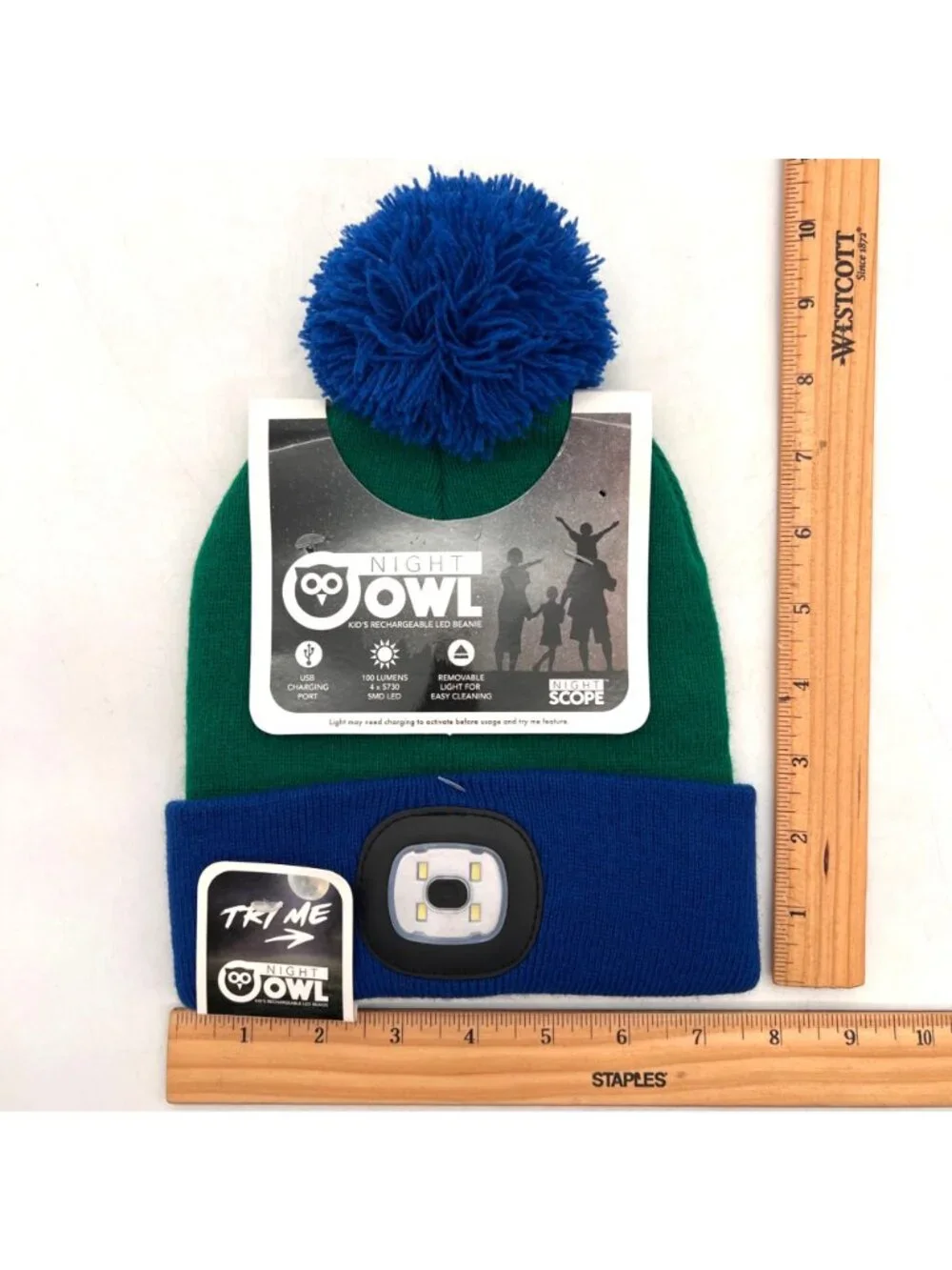Night Owl Kids Rechargeable LED Beanie Hat Green & Blue With USB Charging Port